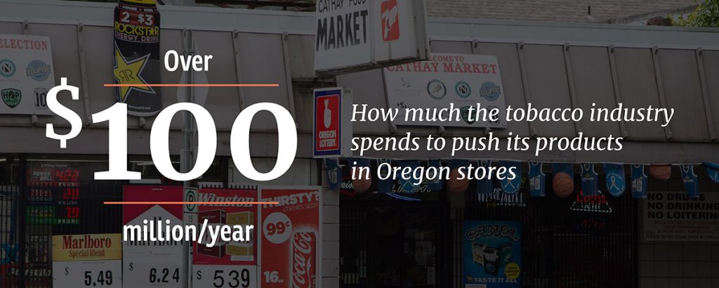 Over 100 million dollars per year is how much the tobacco industry spends to push its products in Oregon stores