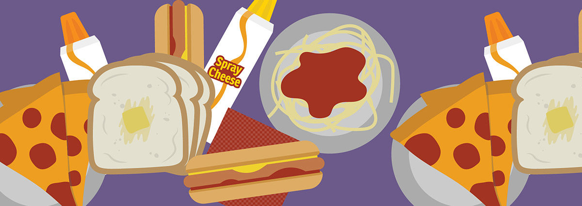 A variety of unhealthy foods including pizza, hot dogs, spray cheese and pasta
