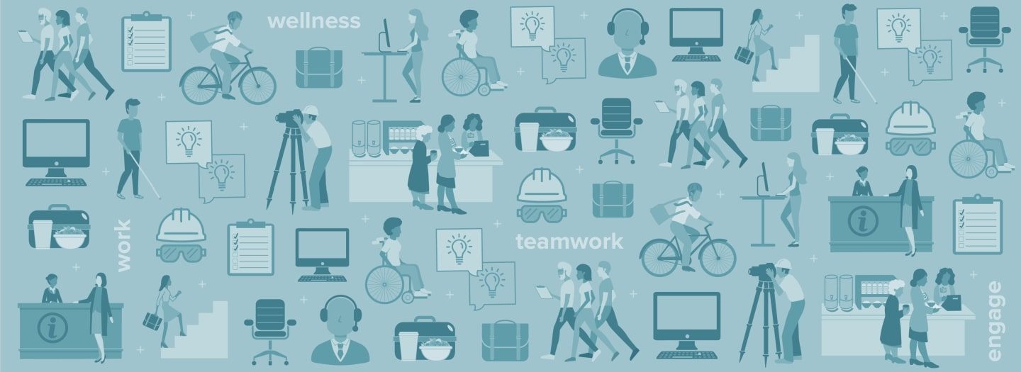 A collage of work environments including a person with a headset on, a computer monitor, a male riding his bike to work with a helmet and work bag, a walking meeting, etc.
